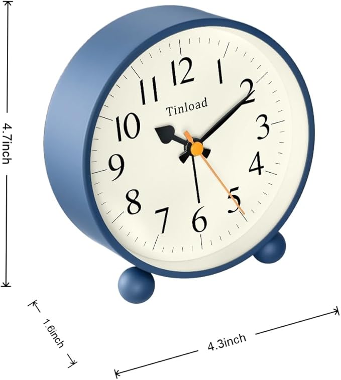 Tinload 4.5" Vintage Retro Analog Alarm Clock, Super Silent Non Ticking Small Clock with Manual Light, Snooze, Battery Operated, for Living Room, Bedroom, Bedside, Desk(Blue)