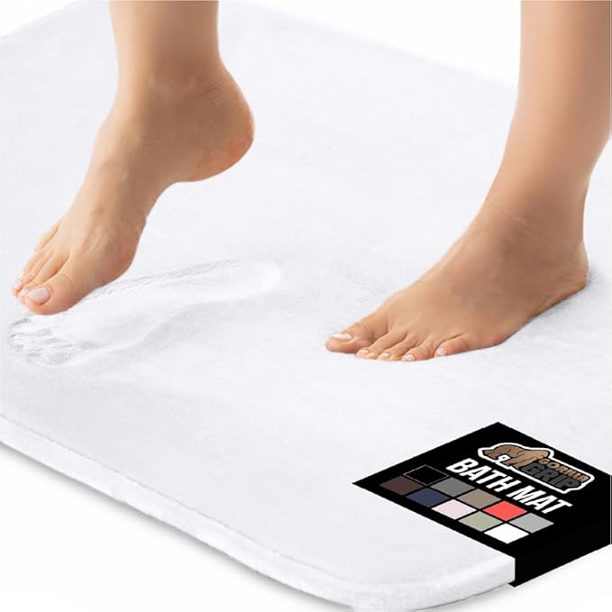 GORILLA GRIP Thick Memory Foam Bath Rugs, Soft Absorbent Velvet Bathroom Mats, Durable Dots on Underside, Machine Washable Bathmat, Carpet Rug Room Decor for Shower Floor, 30x20 Mat, White