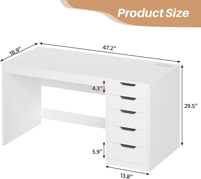 YOMILUVE 47 Inch Computer Desk with 5 Drawers and Power Outlets, Home Office Desks with Storage File Cabinet, Modern Simple Laptop Desk Writing Table for Small Spaces, White