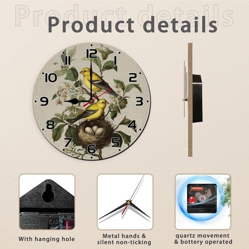 FemiaD Retro Bird Wall Clock 10inch Silent Non-Ticking Battery Operated Quartz Round Wooden Wall Clock Decorative for Kitchen Bedroom Living Room Home Decor