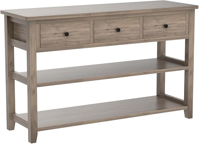 Karl home Console Table with 3 Drawers, 47" Farmhouse Wash Grey Entryway Sofa Table with Silent Slide Rails & Anti-Fall Guardrails for Hallway, Living Room, Foyer, Office