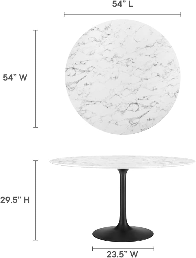 Modway Lippa 54" Round Artificial Marble Dining Table, Top, Black Base
