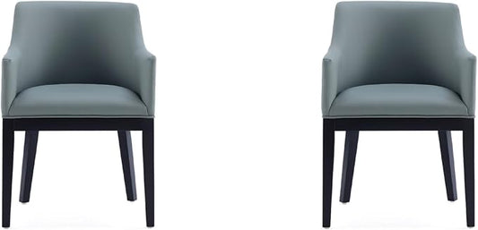 Manhattan Comfort Gansevoort Modern Faux Leather Dining Chair with Arms, Leatherette Upholstery on Solid Beech Wood Frame, Accent Furniture for Kitchen Table or Office, Set of 2, Pewter