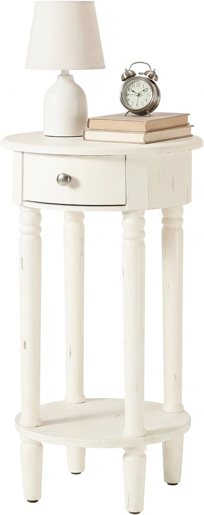 HOMPUS Round End Table with Drawer, Tall end Table with Open Shelf, Farmhouse Rustic Nightstand, Slim Side Table for Small Spaces, Skinny Modern Space-Saving Accent Table for Bedroom, Easily Assembled