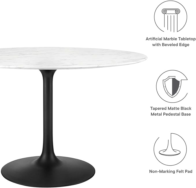Modway Lippa 47" Round Artificial Marble Dining Table, Top, Black Base