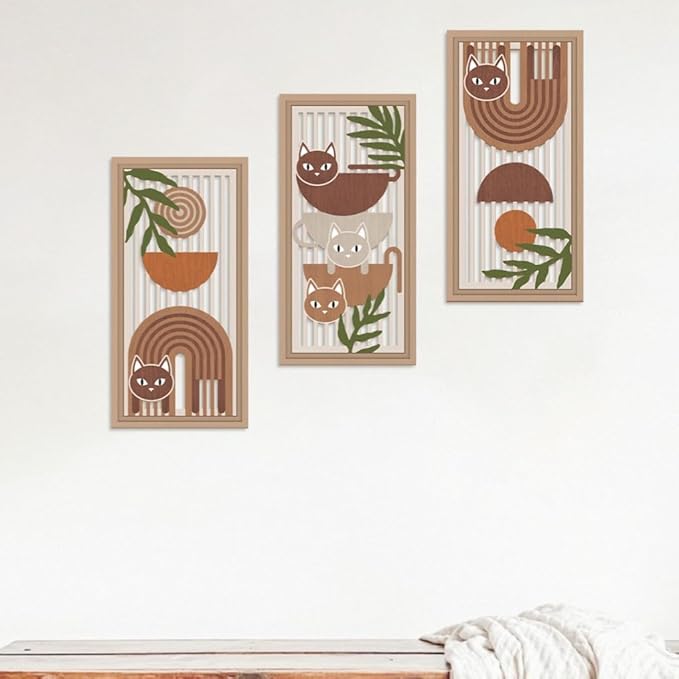 IARTTOP 3 Pcs Boho Cat Wood Wall Decor Mid Century Abstract Artwork Modern Minimalist Wooden Wall Art Bohemian Geometric Hanging Decor for Farmhouse Living Room Bedroom 7.9 x15.8 Inch Cat Gifts