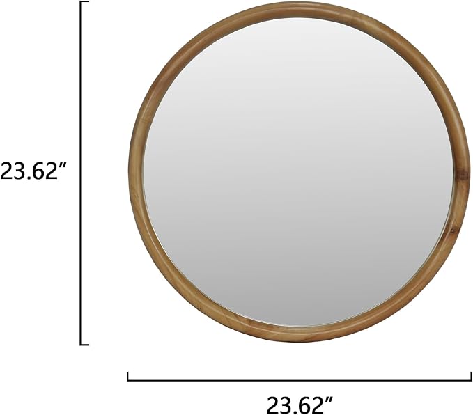 Round Wall Mirror with Synthetic Wood and Metal Frame, Natural Wood Finish, Mid-Century Modern Decorative Mirror for Bathroom, Bedroom and Entryway, 27.56 in Diameter