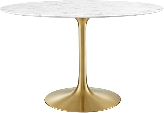 Modway Lippa 47" Mid-Century Dining Table with Round Artificial Marble Top in Gold White