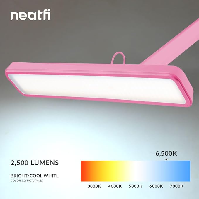 Neatfi Task Lamp – 2,500 Lumens, 30W, 22-Inch Wide Shade, 4 Brightness Levels, Eye-Caring Light, Clamp Mount, LED Task Light for Manicure Table, Crafts, Workbench, Office (Non-CCT, Pink)