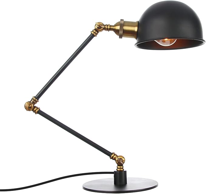 Makeup Vintage Desk Lamp, Adjustable Swing Arm Industrial Metal Task Table Lamp, Bedroom Bedside Night Light Retro Reading Lighting,Black+Gold