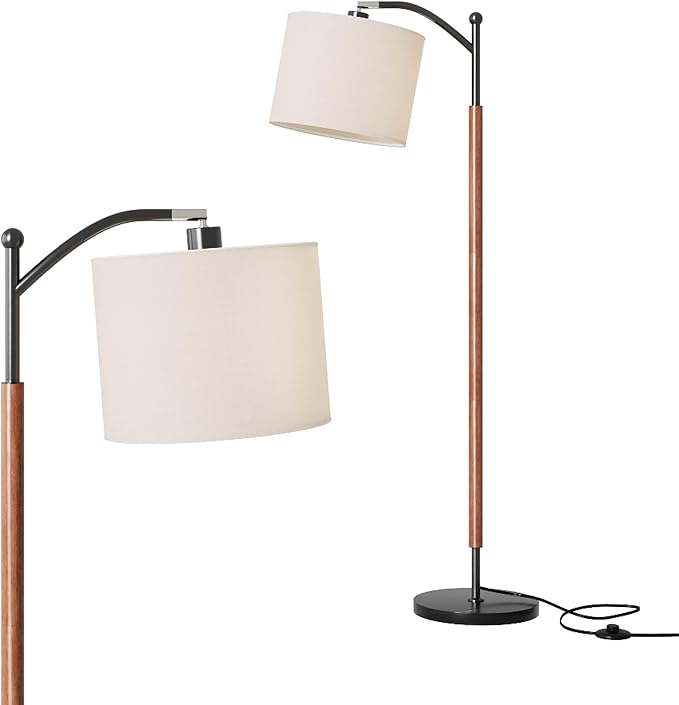 Arc Wood Floor Lamp, Corner Modern Mid Century Lamp with Linen Shade & Marble Base, Floor Lamp for Reading - Adjustable Standing Light for Living Room, Bedroom and Home Office, Walnut