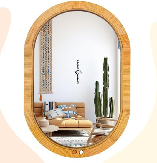Decorative Rattan Wall Mirror, Boho Bathroom Modern Makeup, Rustic Wall Bohemia Mirrors for Bedroom, Living Room, Vanity Versatile Farmhouse, Nursery, Bathroom (Oval 36“x24”, X Medicum)