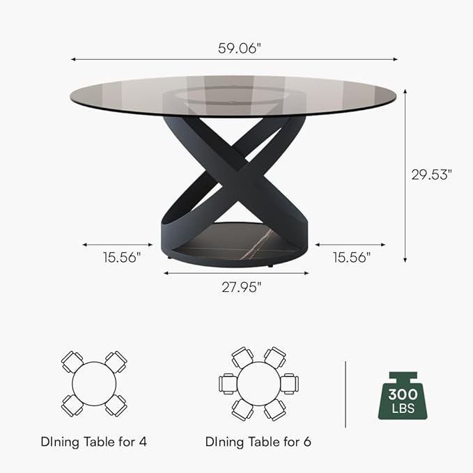 POVISON 59" Modern Round Dining Table, Glass Round Kitchen Table for 6, Tempered Glass Dining Room Table top with Black X Carbon Steel Base (Dining Table Only)