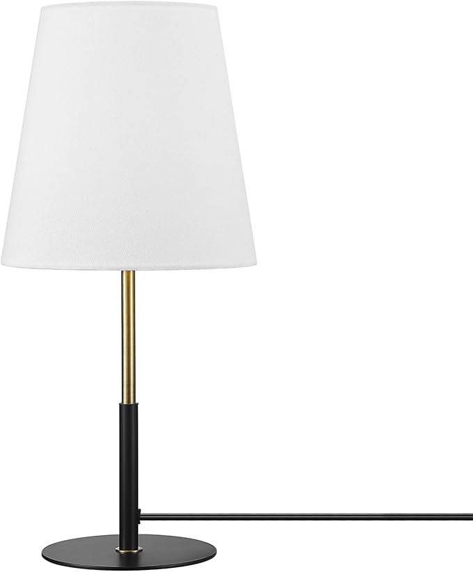 GLOBE Electric 61000045 16" Table Lamp, Matte Black, Brass Accents, White Linen Shade, On/Off Rotary Switch on Socket, Table Lamps for Living Room, Bedroom, Office, Den, Apartment Essentials