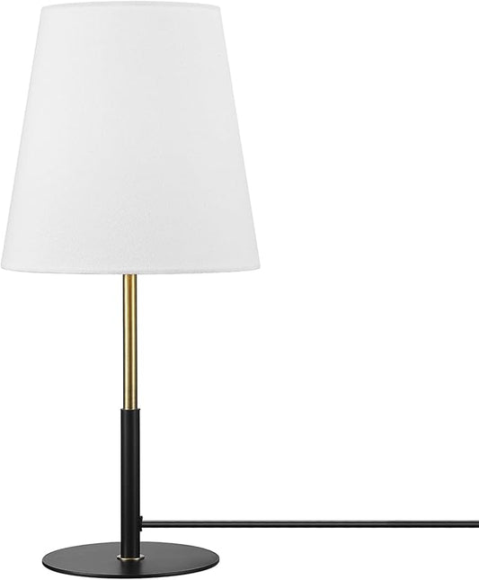 GLOBE Electric 61000045 16" Table Lamp, Matte Black, Brass Accents, White Linen Shade, On/Off Rotary Switch on Socket, Table Lamps for Living Room, Bedroom, Office, Den, Apartment Essentials