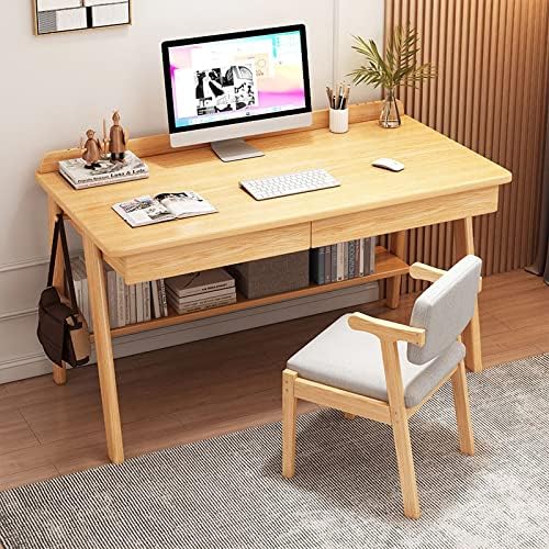 Writing Desk, Home Office Workstation Computer Desk Mid-Century Modern Walnut Desk with 2 Drawers and Storage Shelves(47 Inch, Oak)