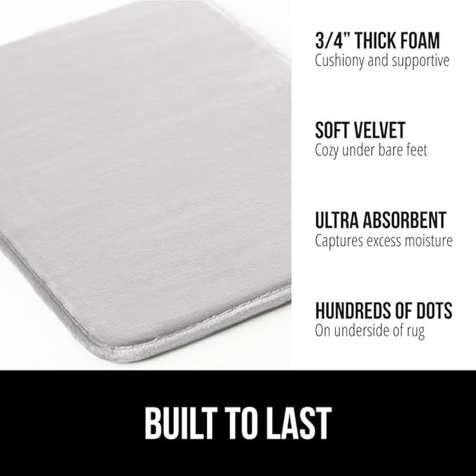 GORILLA GRIP Memory Foam Bath Rugs, Soft Absorbent Velvet Bathroom Mats, Durable Dots on Underside, Machine Washable Bathmat, Carpet Rug Room Decor for Shower Floor, 30x20 Mat, Light Gray
