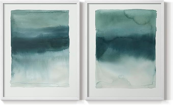 Renditions Gallery Set of 2 Peel & Stick Framed Prints, Tie Dye Abstract Wall Art, Sage Green Watercolor Horizon Wall Decor, Re-Stickable - Ready to Hang - 16"x20" - White Frame LT588