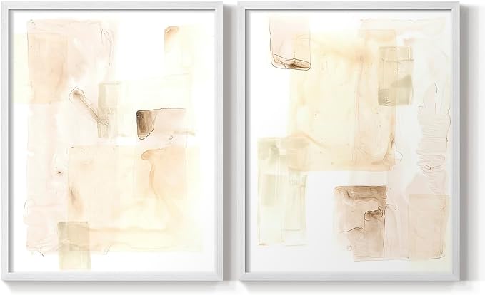 Renditions Gallery Set of 2 Peel & Stick Framed Prints, Abstract Wall Art, Mixed Handmade Oil Painting Wall Decor, Re-Stickable - Ready to Hang - 22"x28" - White Frame LT588