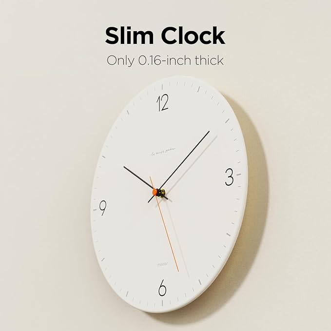 mooas Flatwood Wall Clock,12" Non-Ticking Sweep Movement Decorative Battery Operated Wall Clock for Home Living Room Kitchen Bedroom Office School (Simple White)