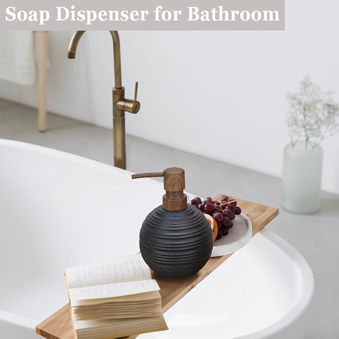2pcs Hand Soap Dispenser Set, Sandstone Textured Resin Liquid Soap Dispenser for Bathroom Countertop, Heavy & Sturdy Dish Wash Soap Dispensers for Kitchen, Matte Black