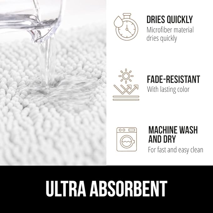 GORILLA GRIP Bath Rug Mat 60x17, Thick Soft Absorbent Chenille, Quick Dry Microfiber Mats, Rubber Backing Washable Shower Floor Rugs, Bathmat Runner, US Designed Bathroom Home Decor Accessories White