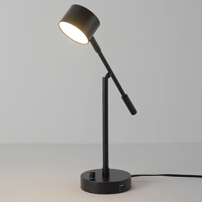 Globe Electric 52271 Aristocrat 16" Integrated LED Swing Arm Desk Lamp, Matte Black, Dimmable On/Off Rotary Switch at Base, 2.1A USB Port