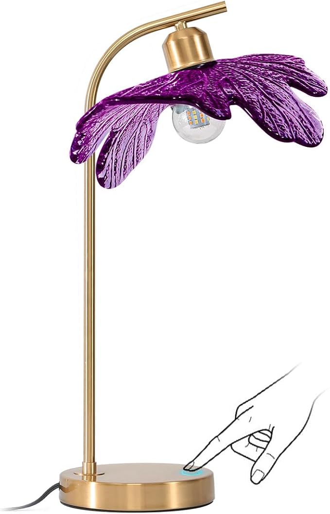 Purple Glass Table Lamps, Flower Shade Design & Touch Metal Base, Mid Century Table Lamp Gold Nightstand Desk Lamp Vintage Small Table lamp for Girl's Room Bedside Bedroom Living Room