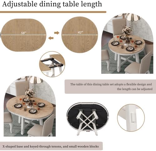 Bellemave 42"-58" Extendable Dining Table for 4-6, Solid Wood Oval Dining Kitchen Table with Removable Leaf, Farmhouse Circle Desk for Kitchen Living Room Space Saving (Natural+White)