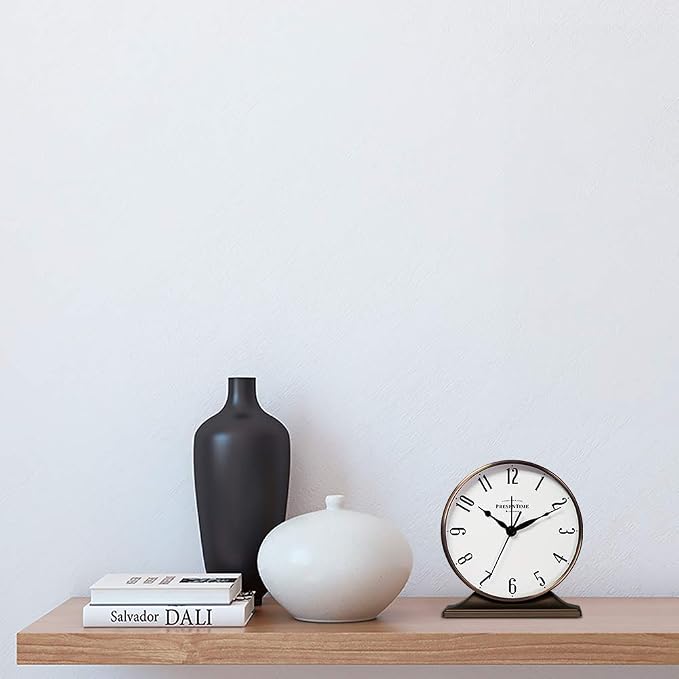 Presentime & Co Lewis Mantel Alarm Clock, Desk and Shelf Clock, Tabletop Decoration, 5.5 x 5 inch, Silent no Ticking, Metal Base, Bronze Finish, Arabic Numeral