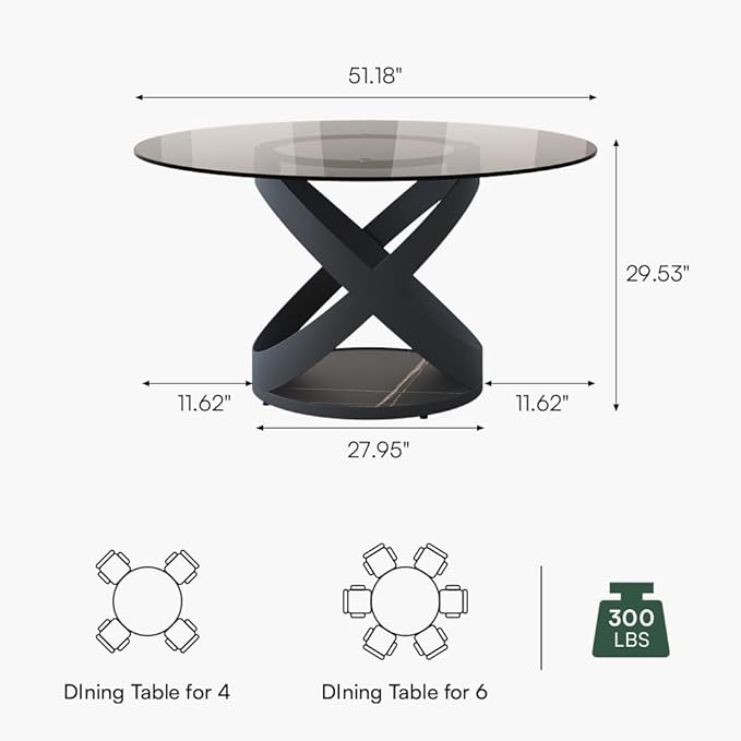 POVISON 51" Modern Round Dining Table, Glass Round Kitchen Table for 4, Tempered Glass Dining Room Table top with Black X Carbon Steel Base (Dining Table Only)