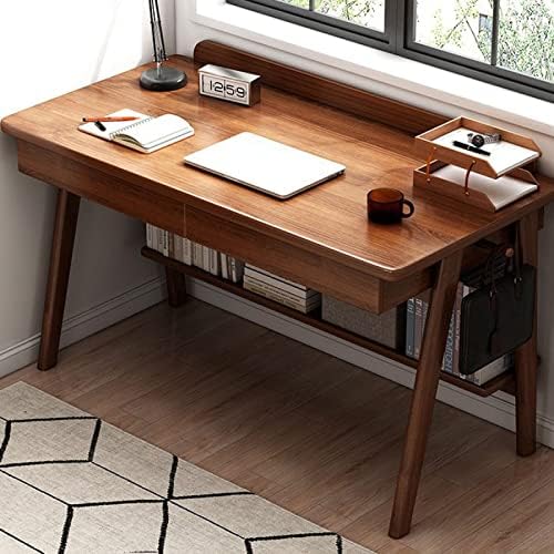 Writing Desk, Home Office Workstation Computer Desk Mid-Century Modern Walnut Desk with 2 Drawers and Storage Shelves(47 Inch, Walnut)