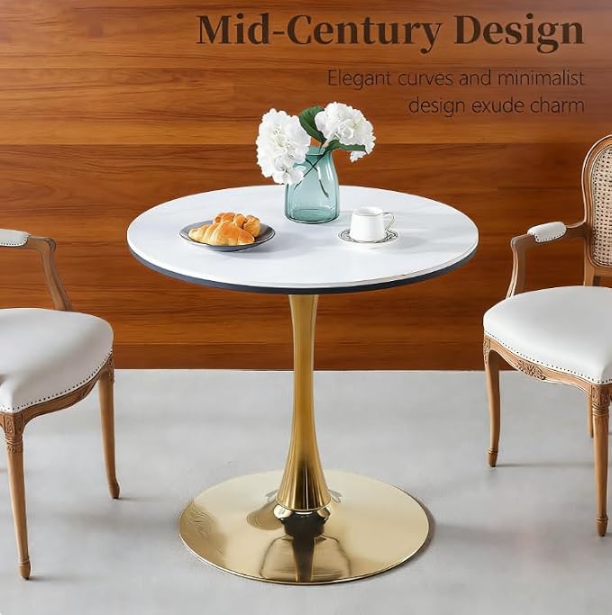31.5" Marble Round Dining Table, Modern White and Gold Tulip Kitchen Table with Marble Tabletop & Sturdy Pedestal Base, Tulip Shape Table for Small Places, Living Room, Office, Cafe