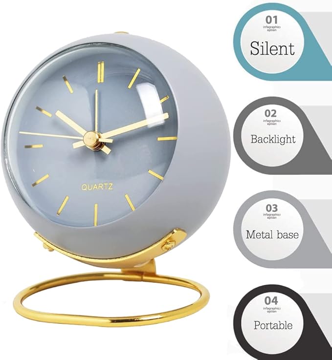 SHISEDECO Small Tableclocks Classic Non-Ticking Tabletop Alarm Clock with Night Light, Battery Operated Deskclock with HD Glass for Living Room Bedroom Bedside Indoor Decor (RN-Blue)