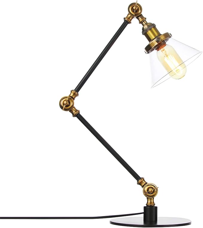Table Lamp, Adjustable Swing Arm Metal Desk Lamp with Clear Glass Shade, Vintage E26 Reading Light for Bedroom or Bedside