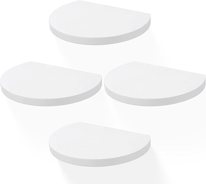 Small Wood Floating Shelves (4-Pack, 8-inch Diameter) - Round Sturdy Invisible Wall Mount Display for Small Plants,Toys,Bathroom,Living Room Storage & Modern Rustic Décor (White)