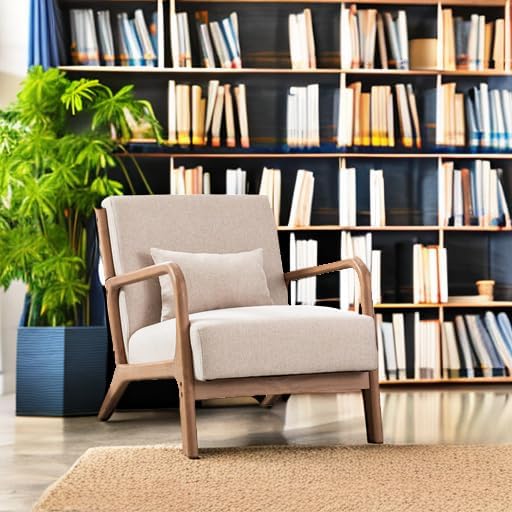 ANJ Mid Century Modern Accent Chairs Set of 2, Single Fabric Lounge Reading Armchair with Solid Wood Frame, Easy Assembly Arm Chairs for Living Room Beige 2