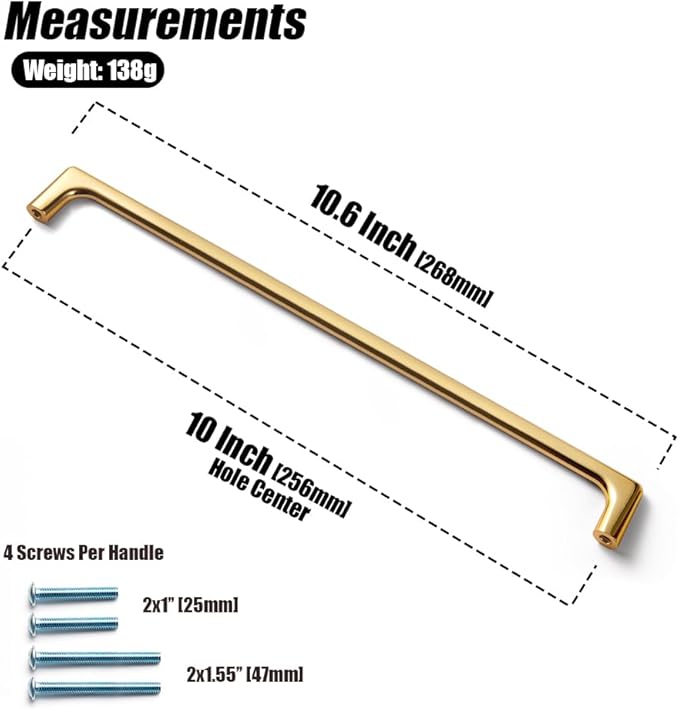 Goo-Ki Polished Rich Gold Cabinet Pulls with 10'' Hole Centers, Modern Style Zinc Alloy Cabinet Handles for Dresser,Wardrobe,Cupboard- 6 Pack……