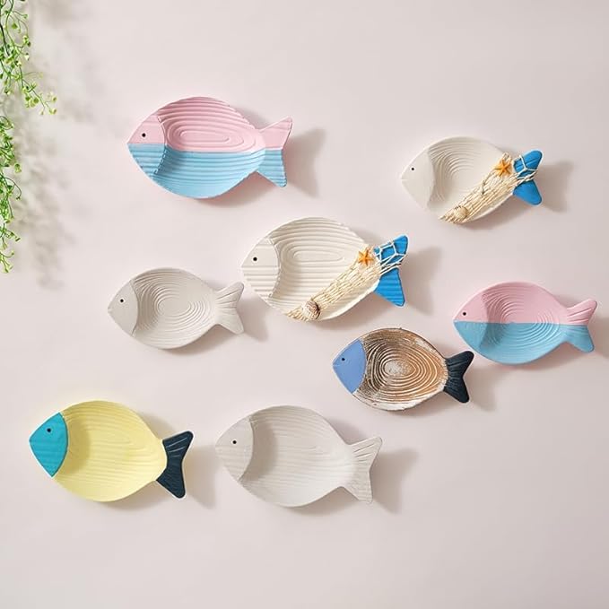 CSWLJS 2PC Beach Decor - Fish Hanging Wall Art, Coastal & Ocean Decor for Bathroom, Patio or Pool. White Wooden Vintage