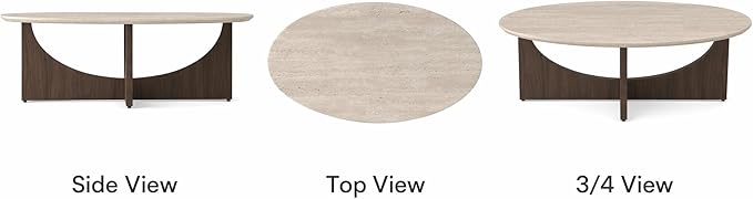 Honyee Oval Coffee Table 47 Inch for Living Room, Travertine-Look Center Table with Wood Base, Large Beige Oval Coffee Tables for Home Apartment Small Spaces