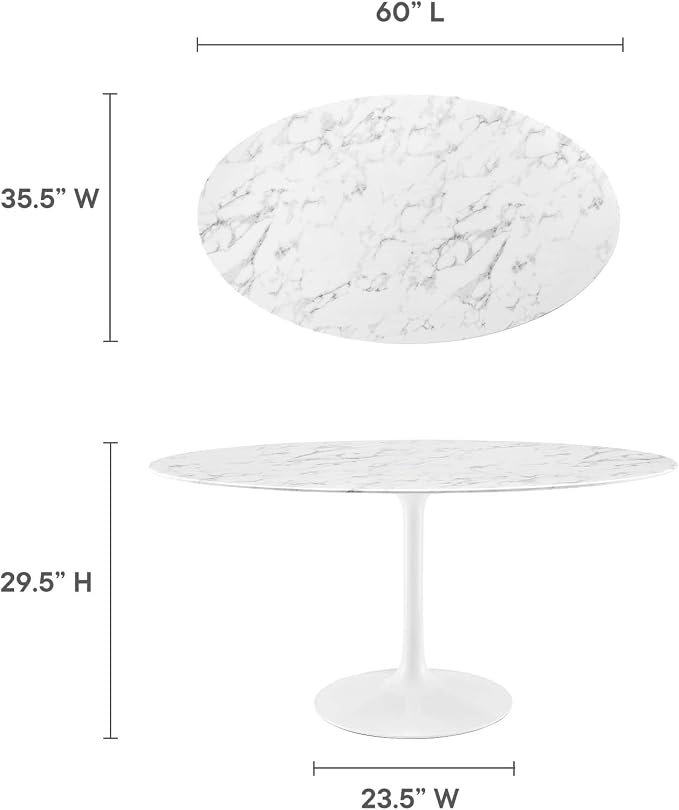 Modway Lippa 60" Oval-Shaped Mid-Century Modern Dining Table with Artificial Marble Top and White Base
