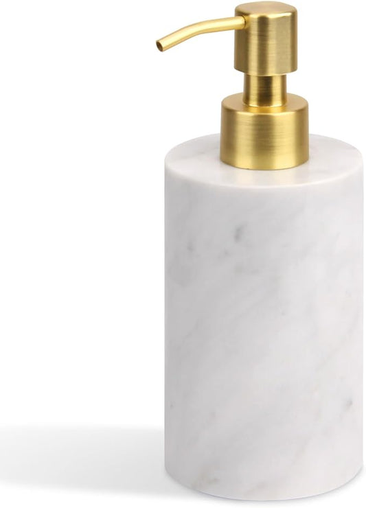 Natural Marble Soap Dispenser for Bathroom and Kitchen Countertop - 5.41 Ounces Hand Lotion and Liquid Stone Shampoo Laundry Bottle with Pump (1, Carrara White, Cylindrical Bottle)
