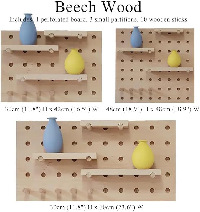 Walnut Wood Pegboard Wall Organizer, Mid-Century Modern Wall Mounted Display Shelf, Modular Wooden Peg Board Shelving Unit with Hooks for Entryway, Bedroom, Office Storage & Decor