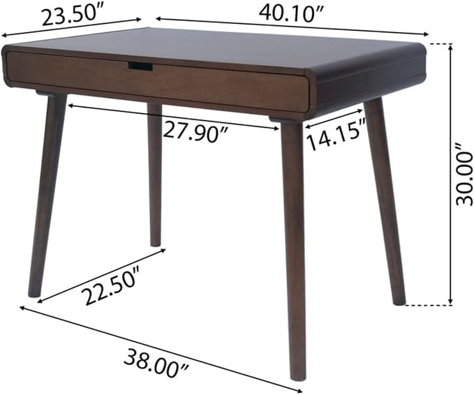 Hassyee Mid-Century Modern Style Writing Desk with Large Drawers, Computer Study Desk with Solid Rubberwood Legs for Home Office Workspace or Entryway (Brown)