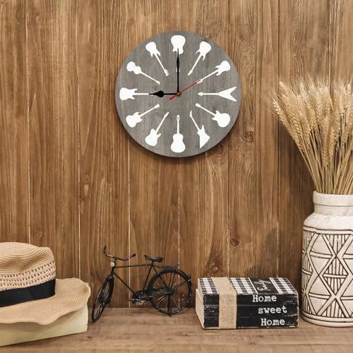 FemiaD Music Wall Clock Guitar Sign 10inch Silent Non-Ticking Battery Operated Quartz Round Wooden Wall Clock Decorative for Kitchen Bedroom Living Room Home Decor