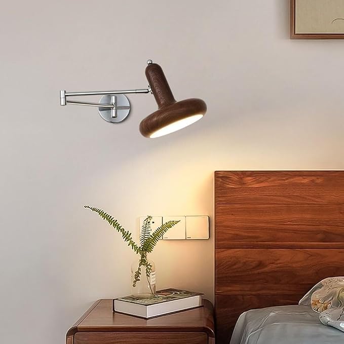 WJJHERRH Industrial Folding Swivel Reading Retro Bedroom Decor Walnut Swing Arm Lamp Bedside Table, Study, Living Room Background Wall Lamp(Log Grain)