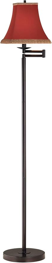 360 Lighting Country Cottage Core Swing Arm Floor Lamp 60 1/2" Tall Dark Bronze Adjustable Orange Red Fabric Bell Shade with Gold Braid Trim for Living Room Reading House Bedroom Office