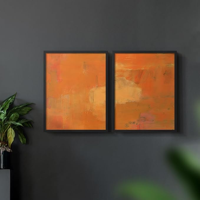 Renditions Gallery Set of 2 Peel & Stick Framed Prints, Abstract Wall Art, Rustic Fain Marking with Brush Strokes Wall Decor, Re-Stickable - Ready to Hang - 11"x14" - Black Frame LT588