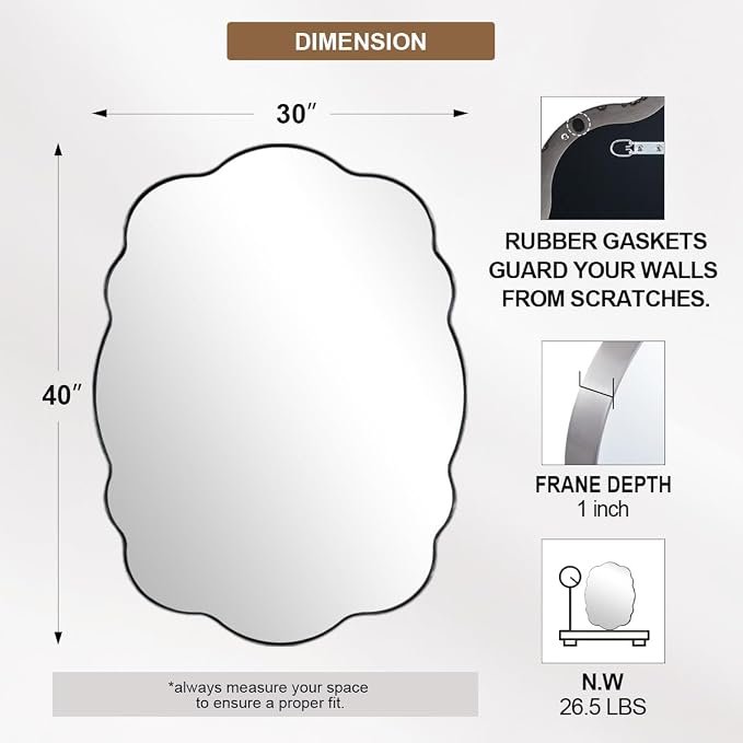 ANDY STAR Brushed Nickel Wavy Oval Bathroom Mirror, 30x40 Inch Silver Scalloped Mirror for Bathroom, Unique Irregular Wall Mirror with Sophisticated Curved Design