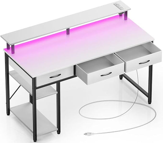 Rolanstar Computer Desk with Power Outlets & LED Light, 55 inch Home Office Desk with Drawers and Storage Shelves, Writing Desk with Monitor Stand, Modern Work Study Desk for Home Office, White